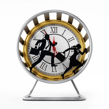 Businessman and business woman silhouettes running in the hamster wheel. 3D illustration.