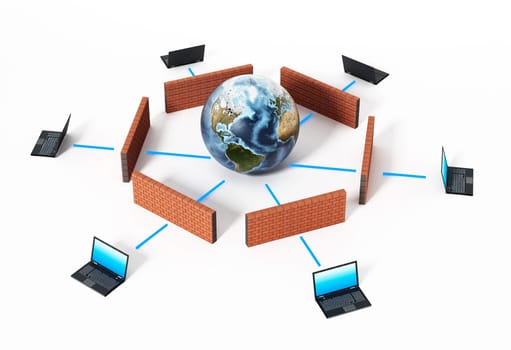 Laptop computers protected by firewall. 3D illustration.