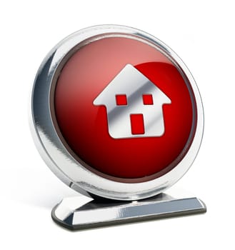 Glossy red button with house symbol. 3D illustration.