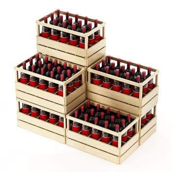 Wooden crate of red wine isolated on white background. 3D illustration.