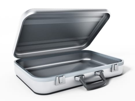 Open metal briefcase isolated on white background. 3D illustration.
