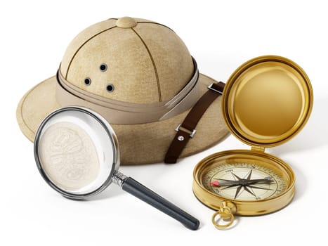 Explorer hat, magnifying glass and vintage compass isolated on white background. 3D illustration.