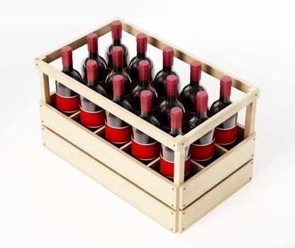 Wooden crate of red wine isolated on white background. 3D illustration.