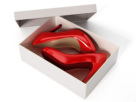 Women shoes and white box isolated on white background. 3d illustration.