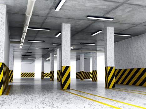 Indoor car parking lot with yellow lines. 3D illustration