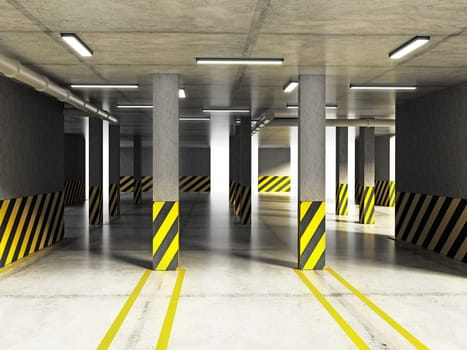 Indoor car parking lot with yellow lines. 3D illustration