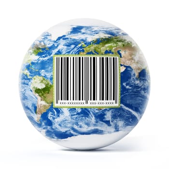 Earth with barcode label isolated on white background. 3D illustration.