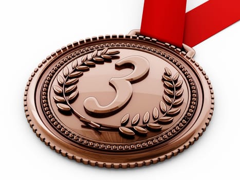 Bronze medal with number three and laurels. 3D illustration.