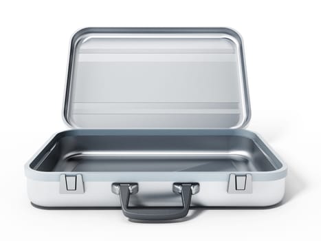 Open metal briefcase isolated on white background. 3D illustration.