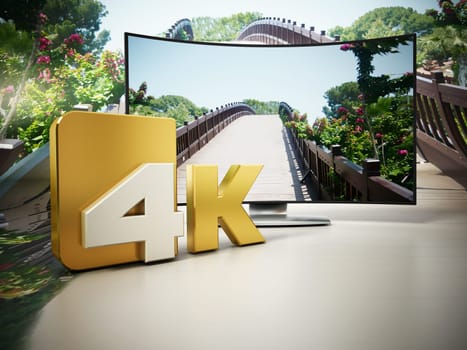 4K Ultra HD television on a bridge and sky setting. 3D illustration.