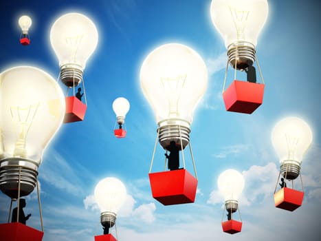 Businessmen travelling inside lightbulb balloons. 3D illustration.
