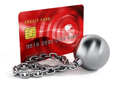 Ball and chain connected to credit card. 3d illustration.