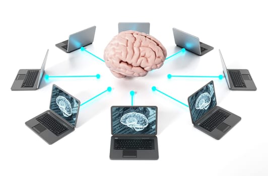 Brain connected to the laptop computers. 3D illustration.