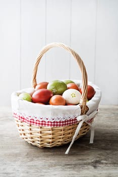 Easter traditional food with eggs in basket. Holidays background