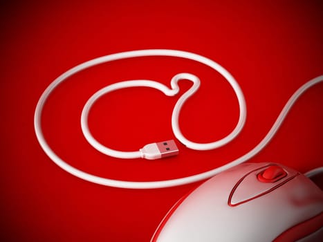 Computer mouse cable forming an at sign. 3D illustration.