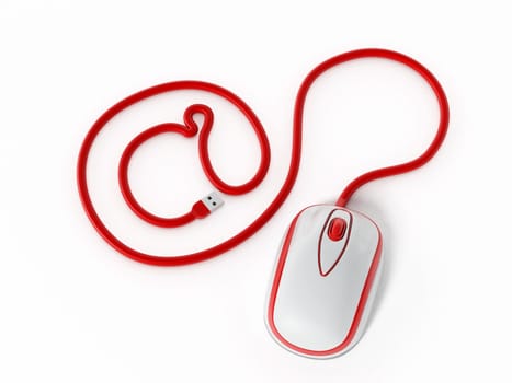 Computer mouse cable forming an at sign. 3D illustration.