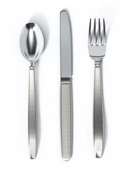 Fork, spoon and knife isolated on white background. 3D illustration.