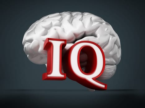 Human brain and IQ word on black background. 3D illustration.