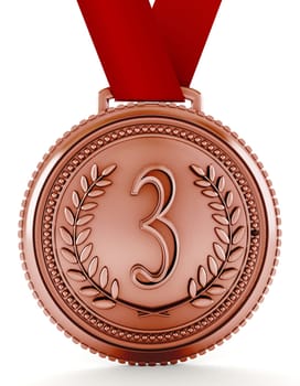 Bronze medal with number three. 3D illustration.