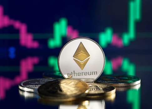 Altcoin and cryptocurrency investing concept. Ethereum cryptocurrency coins. Trading on the cryptocurrency exchange. Trends in Altcoin exchange rates. Rise and fall charts of bitcoin and alt coins.
