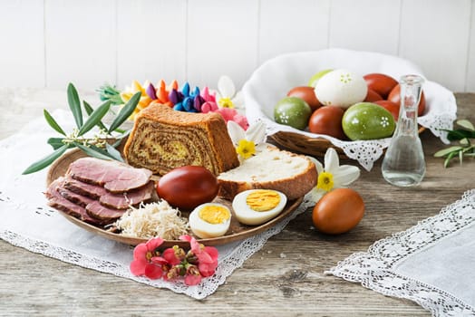 Easter traditional food with ham, eggs and bread. Holidays background. Easter table with all sorts of delicious delicatessen ready for an Easter meal.