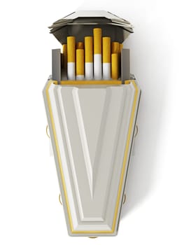 Cigarettes inside white coffin isolated on white background. 3D illustration.