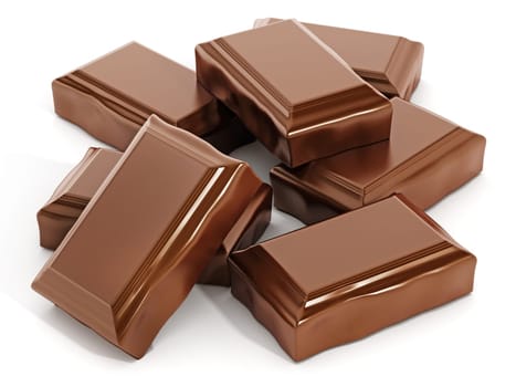 Brown chocolate tablet parts isolated on white background. 3D illustration.