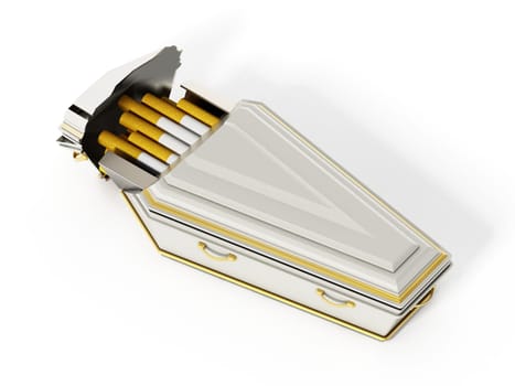 Cigarettes inside white coffin isolated on white background. 3D illustration.
