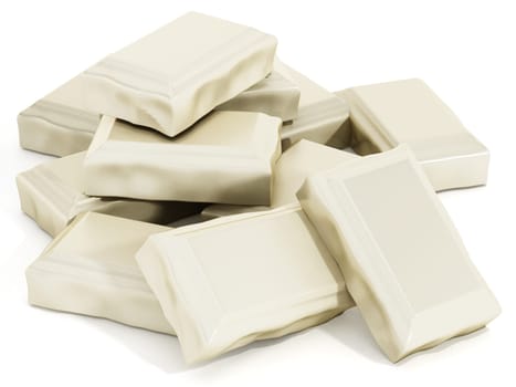White chocolate tablet parts isolated on white background. 3D illustration.