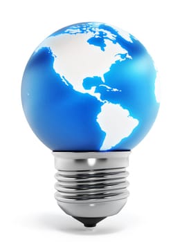 Blue earth ath the end of the lightbulb. 3D illustration.