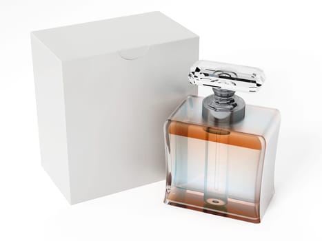 Perfume bottle and blank white box. 3D illustration.