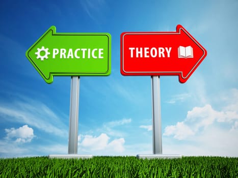 Green and red arrows with theory and practice words on blue background. 3D illustration.