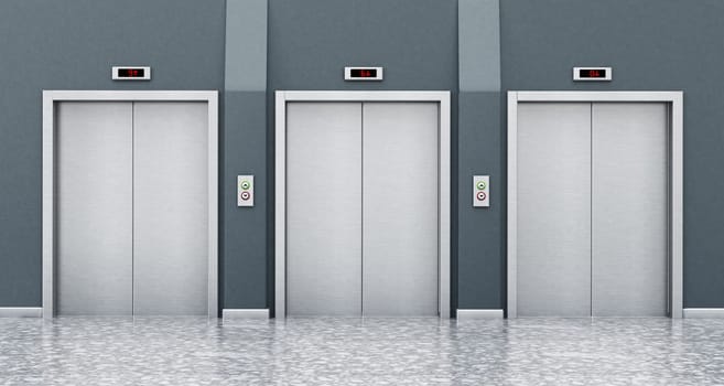 Front view of elevator doors on the corridor. 3D illustration.