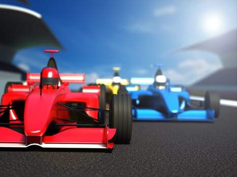 Race cars racing on the track. 3D illustration.