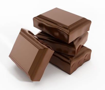 Brown chocolate tablet parts isolated on white background. 3D illustration.