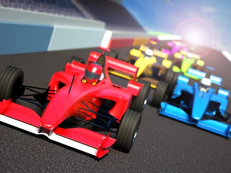 Race cars racing on the track. 3D illustration.