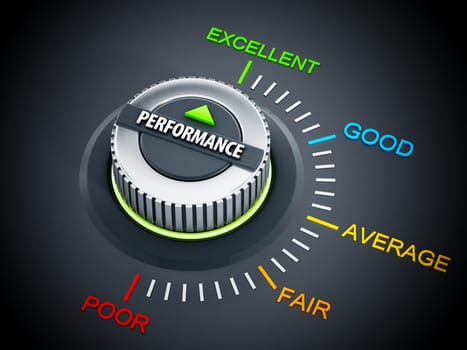Performance dial button pointing excellent. 3D illustration.