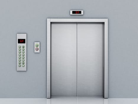 Front view of elevator door and control panel on the corridor. 3D illustration.