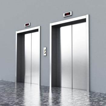 Front view of elevator doors on the corridor. 3D illustration.