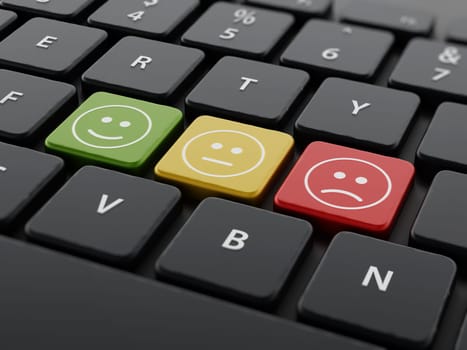 Customer survey symbols on the keyboard. 3D illustration.
