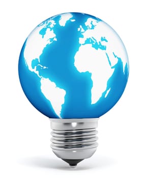 Blue earth ath the end of the lightbulb. 3D illustration.