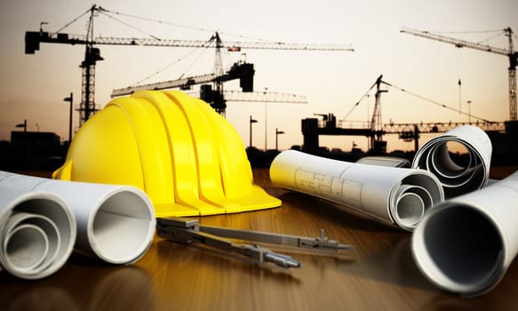 Construction blueprints, hardhat and tools on the table with a construction site on the background. 3D illustration