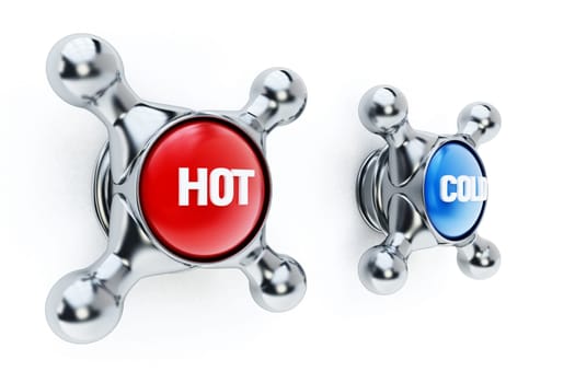 Hot and cold faucets isolated on white background. 3D illustration.