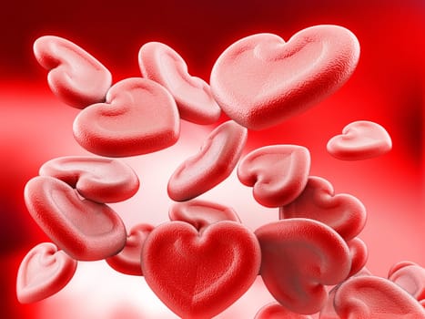 Human heart shaped blood cells background. 3D illustration.