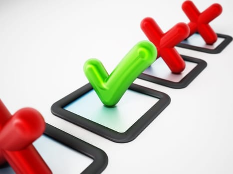 Green tick symbol among red crosses. 3D illustration.
