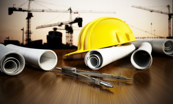 Construction blueprints, hardhat and tools on the table with a construction site on the background. 3D illustration