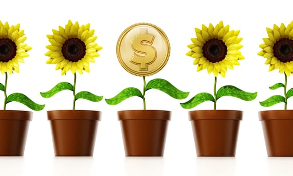 Gold coin with dollar sign on the flower pot among regular flowers. 3D illustration.