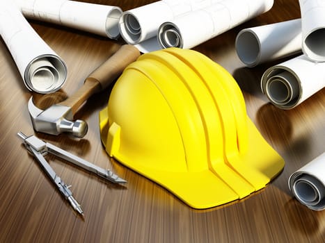 Construction blueprints, hardhat and tools on the table. 3D illustration