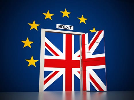 European Union map around open door leading to British flag. 3D illustration.