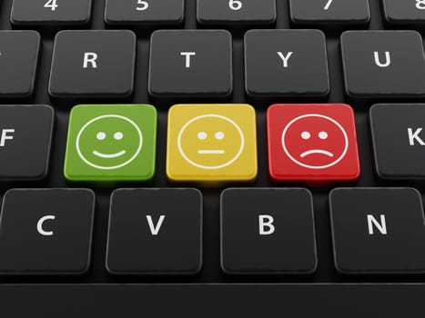 Customer survey symbols on the keyboard. 3D illustration.